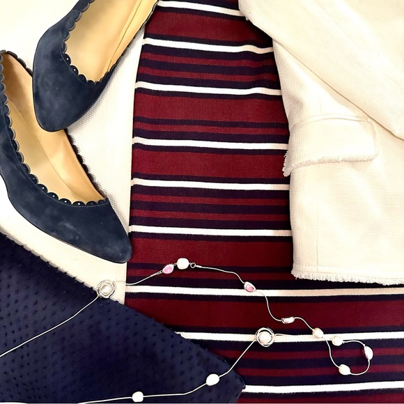 LOFT Striped Pull on Skirt, Navy Blue, Burgundy, Ivory Stripes, Size Large, NWT - Picture 3 of 11